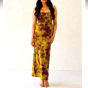 Brown & yellow strapless floral dress